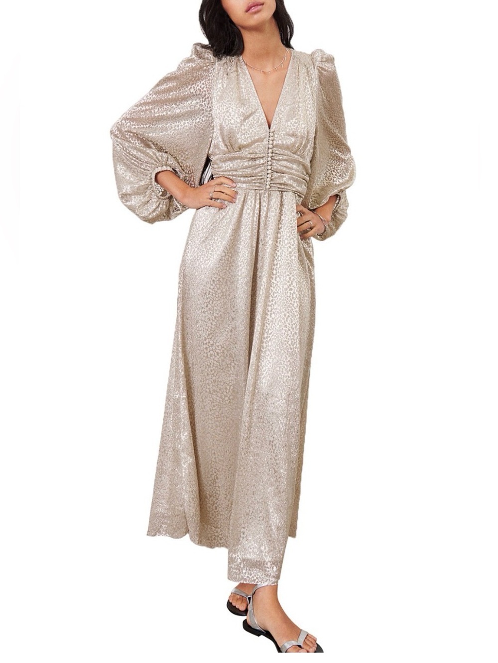 New NWT ba&sh Celie Metallic Balloon Sleeve Maxi Dress Size Small